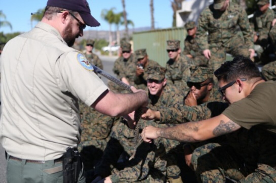 Sailors from 1st Medical Battalion, 1st Marine Logistics Group and various other units receive training from the Camp Pendleton Game Wardens Office about snakes and how to avoid harm from wildlife aboard Camp Pendleton, Calif., Nov. 19, 2015. Med. Bn. hosted a three-day training evolution with units across the western region to increase their readiness and proficiency in preventive medicine