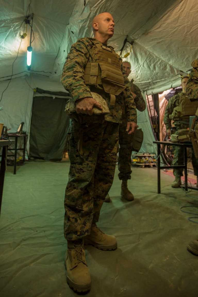U.S. Marine Corps Lt. Gen. David Berger, 1st Marine Expedtionary Force commanding general, visits the 5th Marine Regiment combat operation center during Steel Knight 16 at Marine Corps Air-Ground Combat Center, Twentynine Palms, Calif., Dec. 10, 2015. Steel Knight enables 1st Marine Division to test and refine its command and control capabilities by acting as the headquarters element for a forward-deployed Marine Expeditionary Force. (U.S. Marine Corps Combat Camera photograph by ( Lance Cpl. Roderick L. Jacquote)/RELEASED)