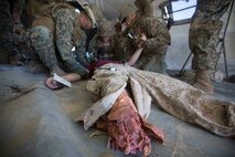 U.S. Marines and Sailors with Headquarters Company, 5th Marine Regiment, 1st Marine Division aid a simulated casualty as a part of a tactical recovery aircraft personnel mission in support of Steel Knight 16 at Marine Corps Air-Ground Combat Center, Twentynine Palms, Calif., Dec. 12, 2015. Steel Knight is an annual field training exercise that enables 1st Marine Division to test and refine its command and control capabilities by acting as the headquarters element for a forward-deployed Marine Expeditionary Force. (U.S. Marine Corps Combat Camera photograph by ( Lance Cpl. Roderick L. Jacquote)/RELEASED)