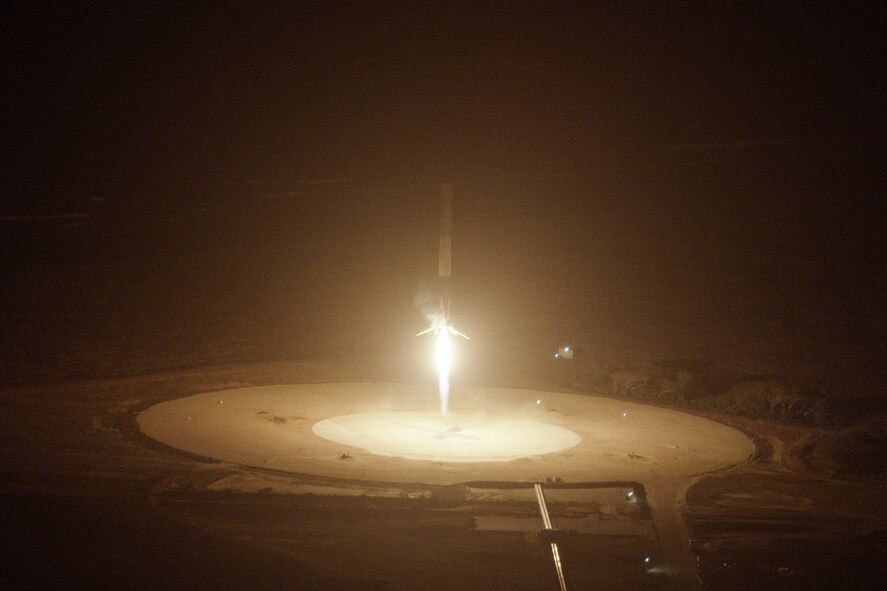 A SpaceX Falcon 9 rocket settles gently back to Earth at Landing Zone 1 (formerly Launch Complex 13) at Cape Canaveral Air Force Station less than 10 minutes after it took off from Launch Complex 40 a little more than 5 miles north. It marked the first time a rocket delivered satellites to orbit (11 on this particular mission), then returned to land safely. The reservists of the 920th Rescue Wing provide range clearance and safety contingency support for all rocket launches from CCAFS/Kennedy Space Center. (courtesy photo/SpaceX)
