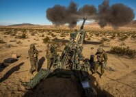 U.S. Marines with India Battery, 3rd Battalion, 11th Marine Regiment, 1st Marine Division, conduct a fire mission during Steel Knight 2016 (SK-16) at Marine Corps Air Ground Combat Center Twentynine Palms, Calif., Dec 11, 2015. SK-16 is an annual military exercise developed to prepare 1st Marine Division personnel within the Ground Combat Element of a Marine Air-Ground Task Force. (U.S. Marine Corps photo by Lance Cpl Ryan Kierkegaard 1st Marine Division Combat Camera /Released)
