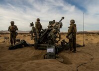 U.S. Marines with India Battery, 3rd Battalion, 11th Marine Regiment, 1st Marine Division, conduct a fire mission during Steel Knight 2016 (SK-16) at Marine Corps Air Ground Combat Center Twentynine Palms, Calif., Dec 10, 2015. SK-16 is an annual military exercise developed to prepare 1st Marine Division personnel within the Ground Combat Element of a Marine Air-Ground Task Force. (U.S. Marine Corps photo by Lance Cpl Ryan Kierkegaard 1st Marine Division Combat Camera /Released)