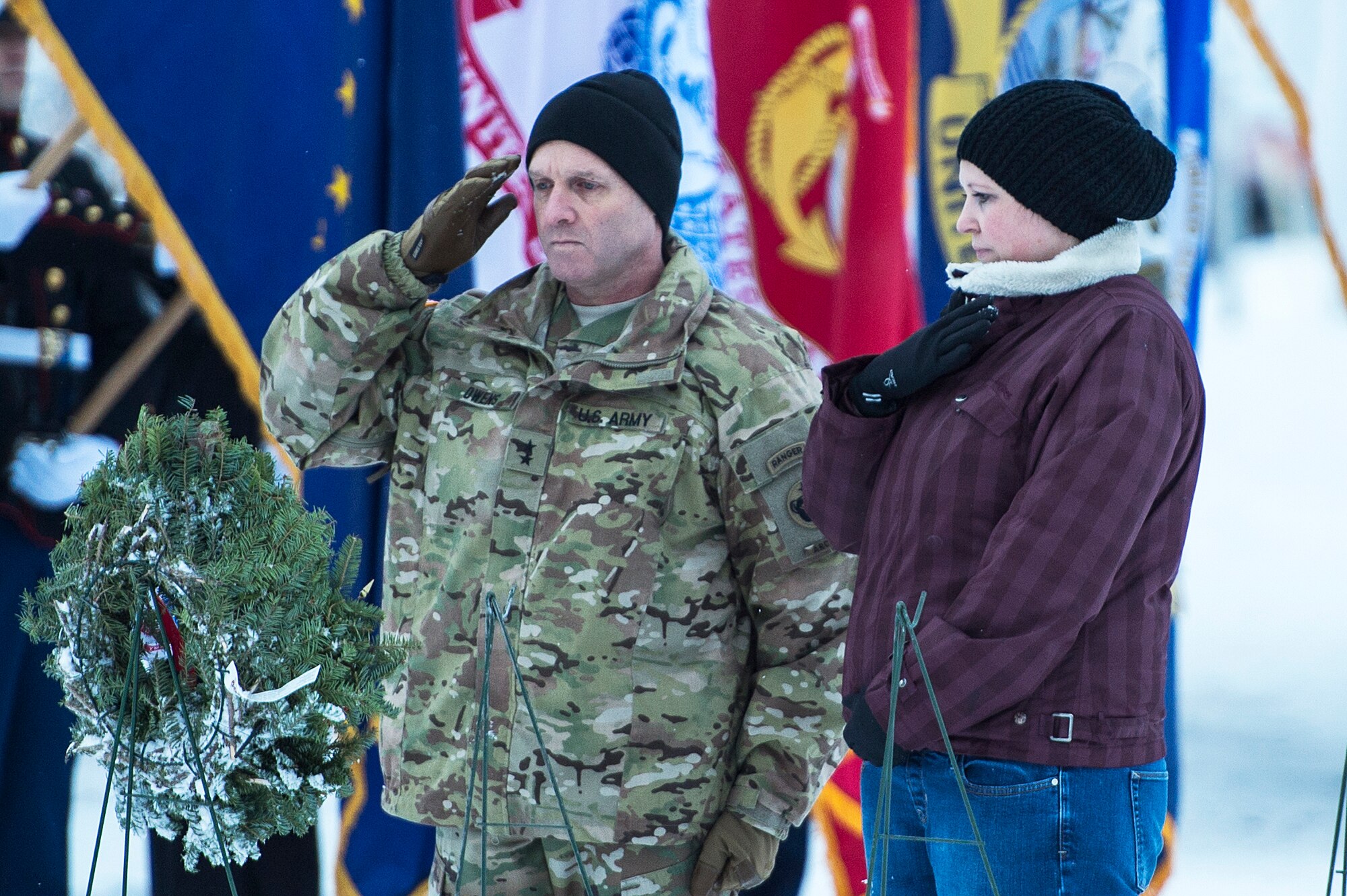 Joint Base Elmendorf-Richardson (JBER) participates in Wreaths Across America Day at the Ft. Richardson National Cemetery, JBER, December 12, 2015.  Wreaths Across America is a nonprofit organization founded to continue and expand the annual wreath laying ceremony at Arlington National Cemetery begun by Maine businessman, Morrill Worcester, in 1992 when his company, Worecester Wreath had a surplus of holiday wreaths.  Wreaths Across America is held annually on the second Saturday of December.  (U.S. Air Force photo by Senior Airman James Richardson)
