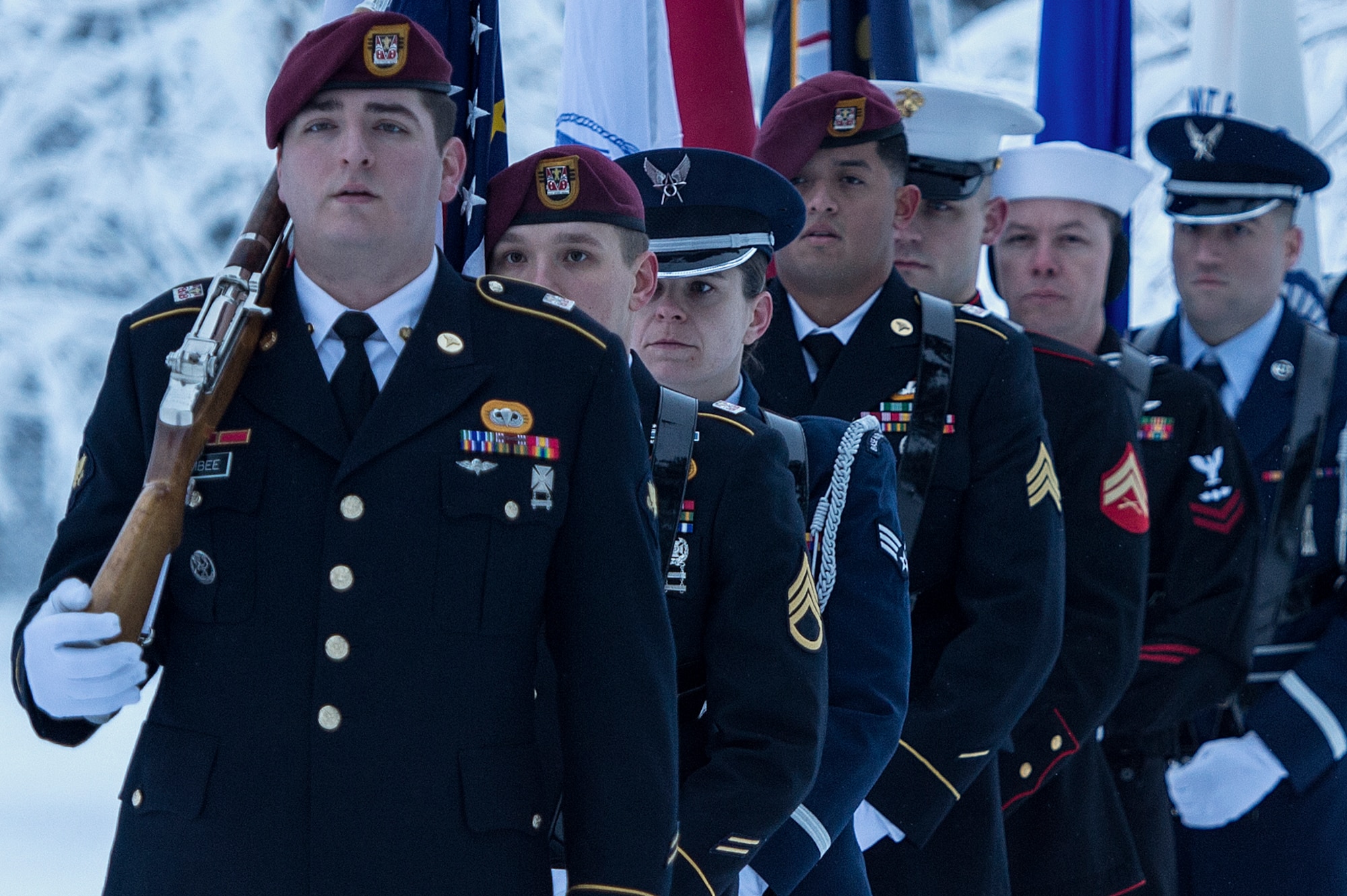 Joint Base Elmendorf-Richardson (JBER) participates in Wreaths Across America Day at the Ft. Richardson National Cemetery, JBER, December 12, 2015.  Wreaths Across America is a nonprofit organization founded to continue and expand the annual wreath laying ceremony at Arlington National Cemetery begun by Maine businessman, Morrill Worcester, in 1992 when his company, Worecester Wreath had a surplus of holiday wreaths.  Wreaths Across America is held annually on the second Saturday of December.  (U.S. Air Force photo by Senior Airman James Richardson)