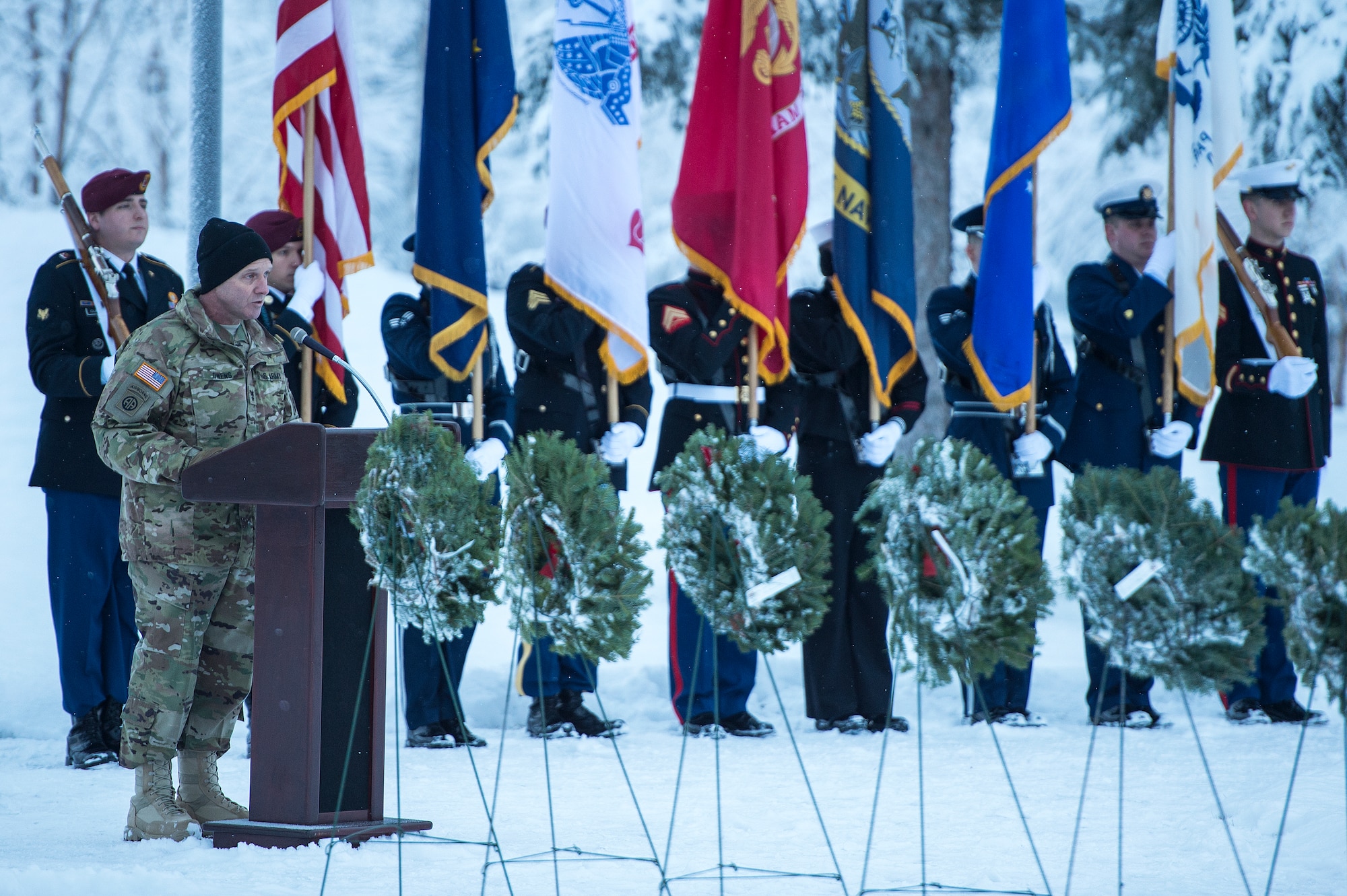 Joint Base Elmendorf-Richardson (JBER) participates in Wreaths Across America Day at the Ft. Richardson National Cemetery, JBER, December 12, 2015.  Wreaths Across America is a nonprofit organization founded to continue and expand the annual wreath laying ceremony at Arlington National Cemetery begun by Maine businessman, Morrill Worcester, in 1992 when his company, Worecester Wreath had a surplus of holiday wreaths.  Wreaths Across America is held annually on the second Saturday of December.  (U.S. Air Force photo by Senior Airman James Richardson)