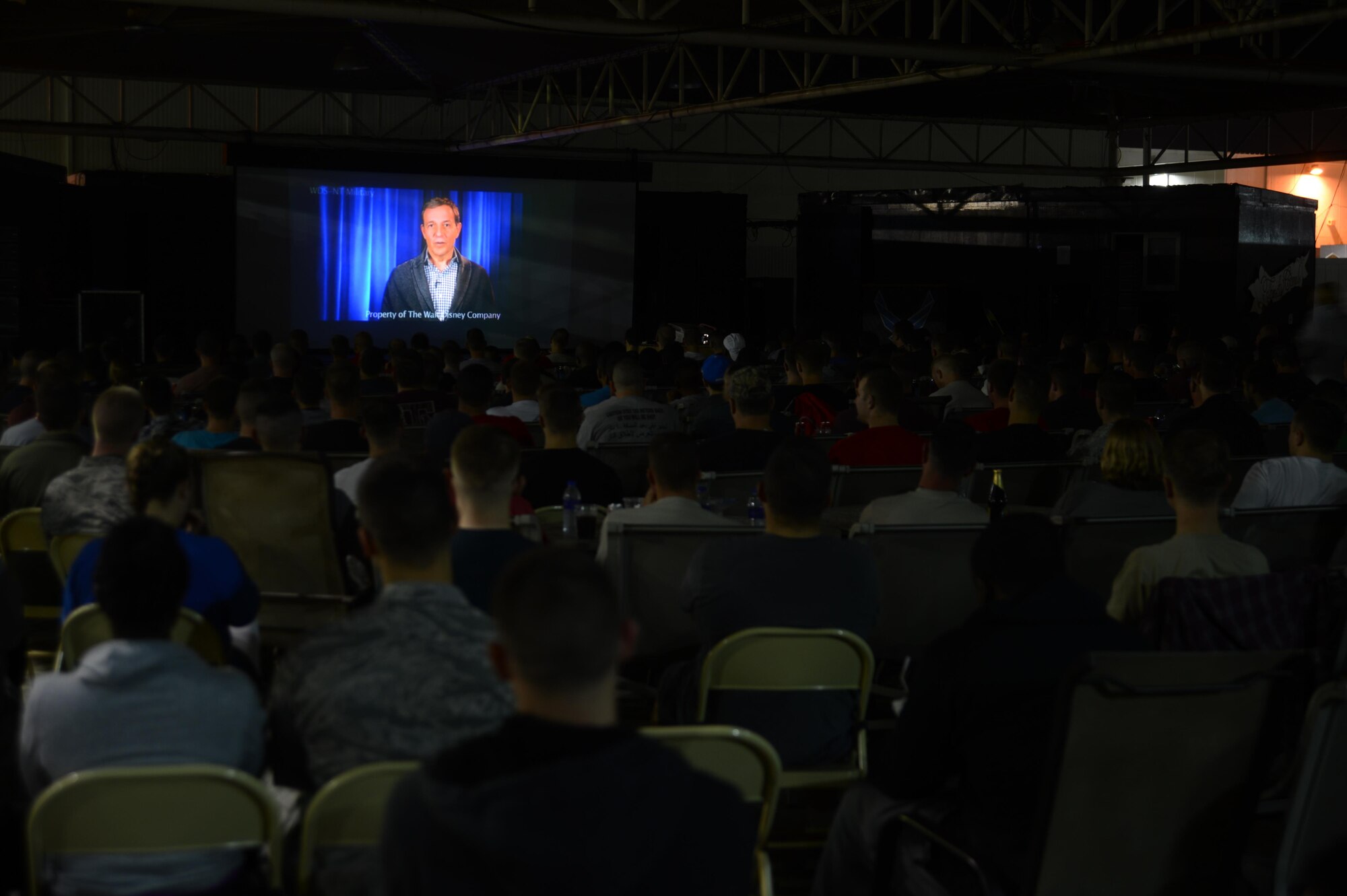 Robert Iger, Chairman and Chief Executive Officer of the Walt Disney Company personally thanks U.S. service members and coalition partners for their service away during a prerecorded message at an undisclosed location in Southwest Asia, Dec. 21, 2015. Iger’s message was viewed by more than 1,400 service members during two screenings of Star Wars: The Force Awakens held on base. (U. S. Air Force photo by Tech. Sgt. Frank Miller/Released)