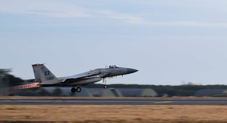 An F-15 Eagle takes off during an Aviation Training Relocation at Misawa Air Base, Japan, Dec. 15, 2015. Fifteen jets from Kadena AB, Japan, trained during a two-week exercise. The exercise allowed F-15 Eagle pilots to train alongside Japan Air Self-Defense Force aircraft while overcoming language barriers. (U.S. Air Force photo/Airman 1st Class Jordyn Fetter)