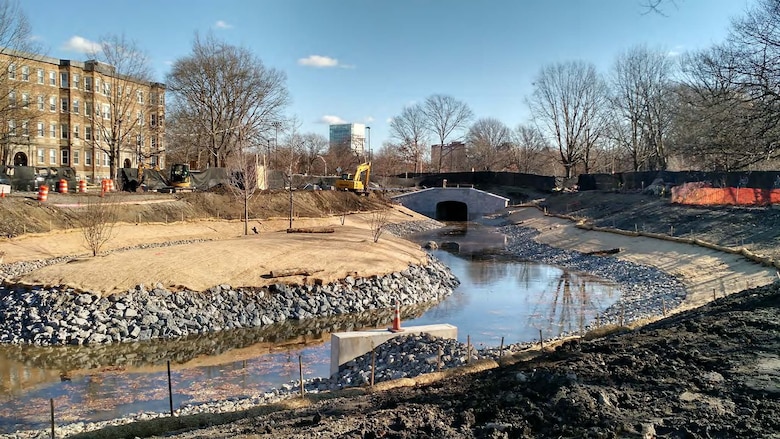 December 19, 2015 - Looking downstream towards Ave Louis Pasteur, the Muddy River begins flowing around the recreated historic Olmsted Island after the pumps were turned off.