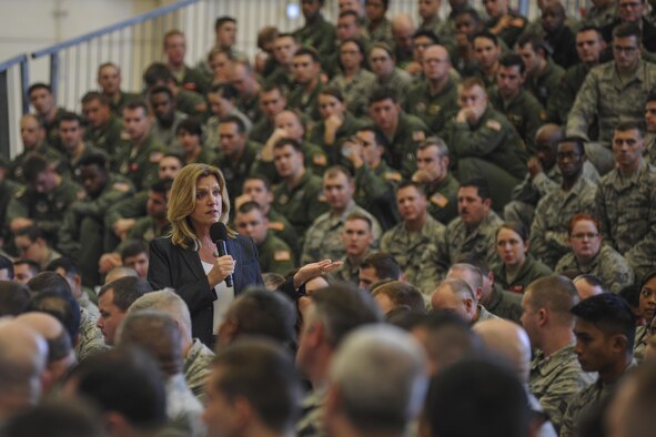 Secretary of the Air Force Deborah Lee James speaks to a group of Airmen Dec. 15, 2015, at Little Rock Air Force Base, Ark. James spoke at an all call where she provided updates about current issues, ranging from budget cuts to fleet modernization, and answered Airmen's questions. (U.S. Air Force photo/Senior Airman Harry Brexel)        
