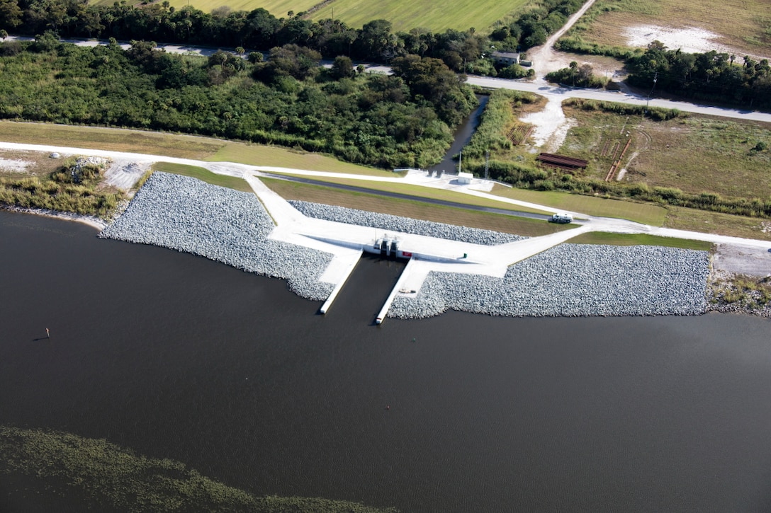 A finished culvert constructed in the Herbert Hoover Dike along the east side of the dam near Port Mayaca. The U.S. Army Corps of Engineers plans to replace 26 such structures as part of its rehabilitation of the 143-mile dike surrounding Lake Okeechobee in south Florida. 