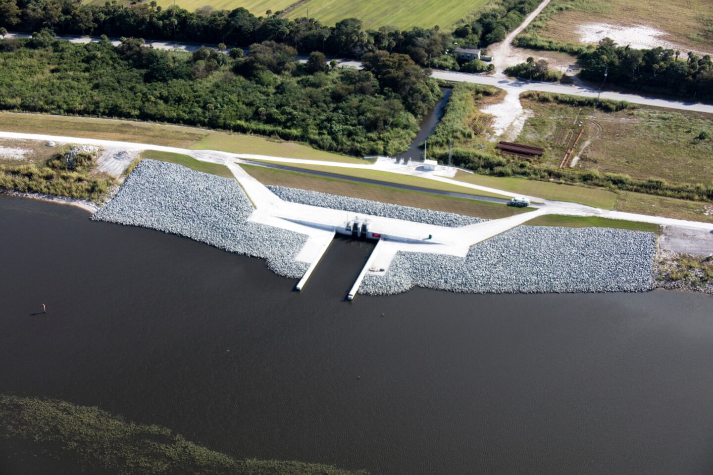 A finished culvert constructed in the Herbert Hoover Dike along the east side of the dam near Port Mayaca. The U.S. Army Corps of Engineers plans to replace 26 such structures as part of its rehabilitation of the 143-mile dike surrounding Lake Okeechobee in south Florida. 