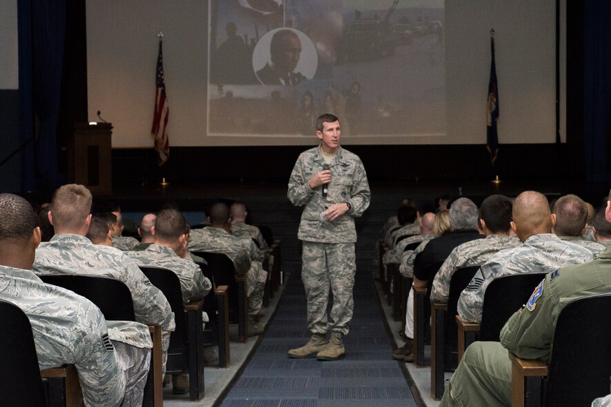 U.S. Air Force Col. Thomas Kunkel, 23d Wing commander, addresses Airmen at the Hoffman Auditorium during one of three commander’s calls held during Comprehensive Airmen Fitness Day, Dec. 23, 2015, at Moody Air Force Base, Ga. During the commander’s call, Kunkel emphasized the importance of spiritual fitness, his priorities and recognized Airmen who exceeded his expectations this quarter. (U.S. Air Force photo by Airman Daniel Snider/Released)