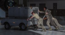 Members from the 22nd Medical Operations Squadron push a generator Nov. 12, 2015, at McConnell Air Force Base, Kan. The medical group personnel spent the afternoon with the maintainers learning what tasks are required for them to complete the mission. (Courtesy Photo)