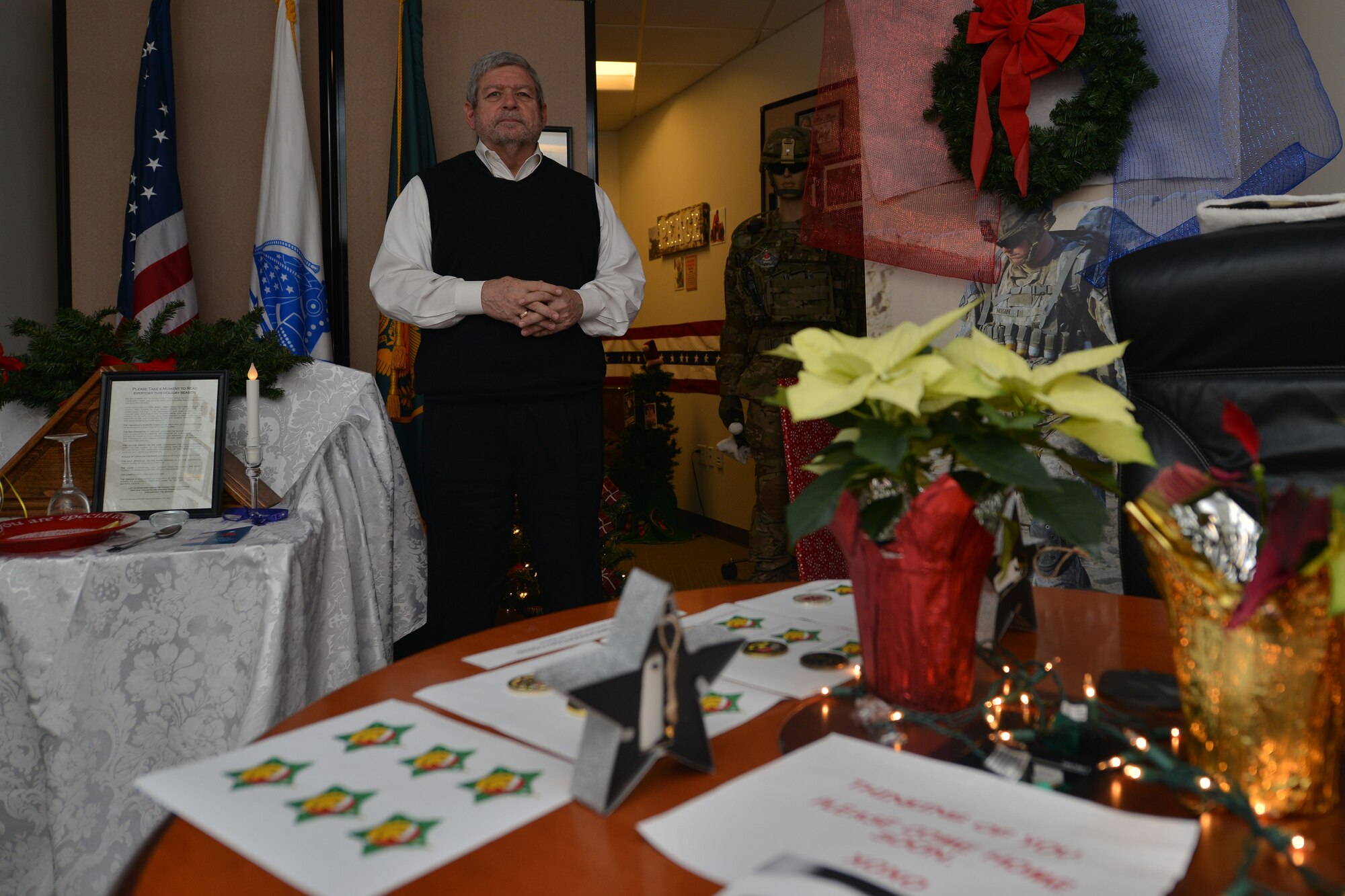 Ron Vandiver, the chief of Architecture Integration Management Directorate, views the directorate’s holiday deployment room at Fort Eustis, Va., Dec. 21, 2015. Vandiver has led the efforts for setting up the room for the past three years. (U.S. Air Force photo by Staff Sgt. Natasha Stannard) 
