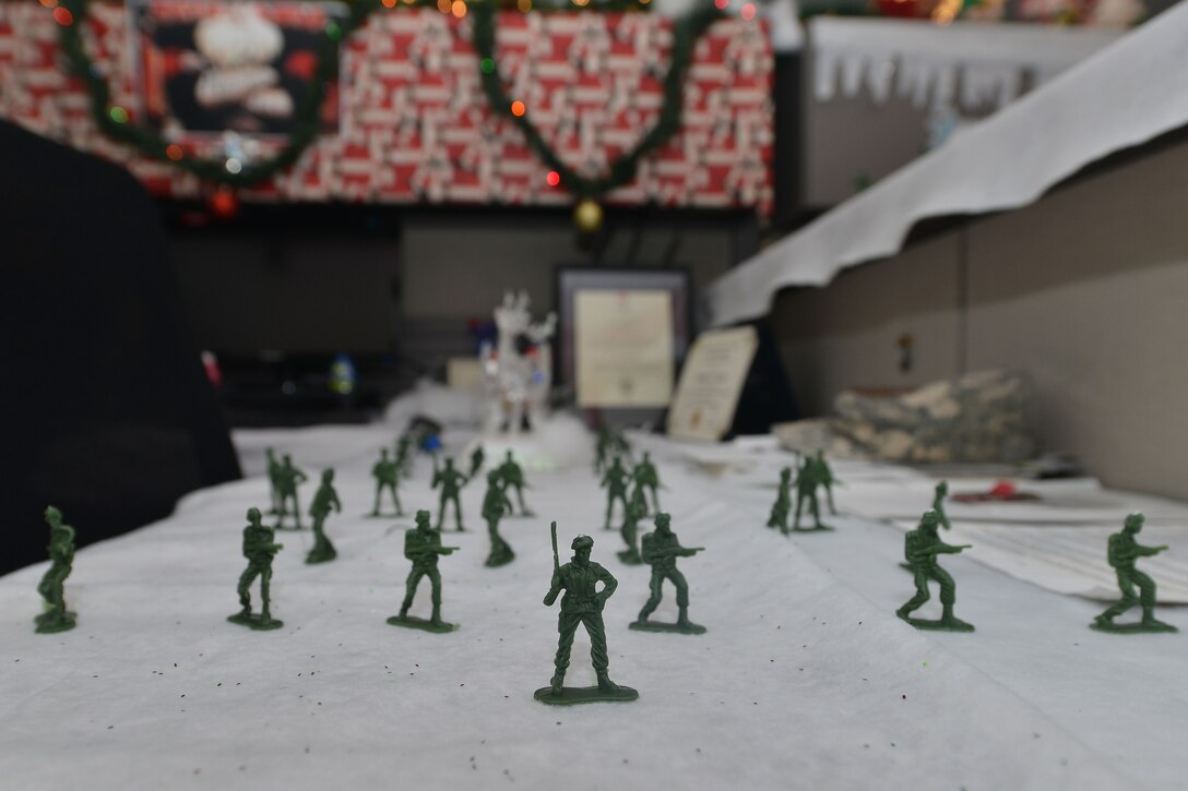 Members of U.S. Army Training and Doctrine Command (TRADOC) decorated their office space for the holidays at Fort Eustis, Va., Dec. 21, 2015. Throughout TRADOC’s Architecture Integration Management Directorate, personnel adorned their cubicles with various themes ranging from military to antique and pop-culture characters. (U.S. Air Force photo by Staff Sgt. Natasha Stannard)