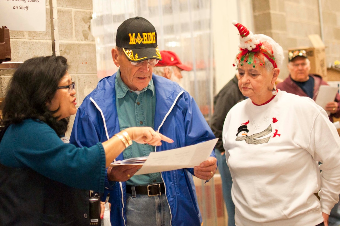 Retired Maj. Donald Ritenour, center, National Sojourners Quantico Chapter 44 member, supports the annual Christmas Food Basket program held by his chapter aboard Marine Corps Base Quantico, Dec. 22. Ritenour was joined by a group of 17 Chapter 44 members and active duty Marines to donate 33 baskets to the local community.