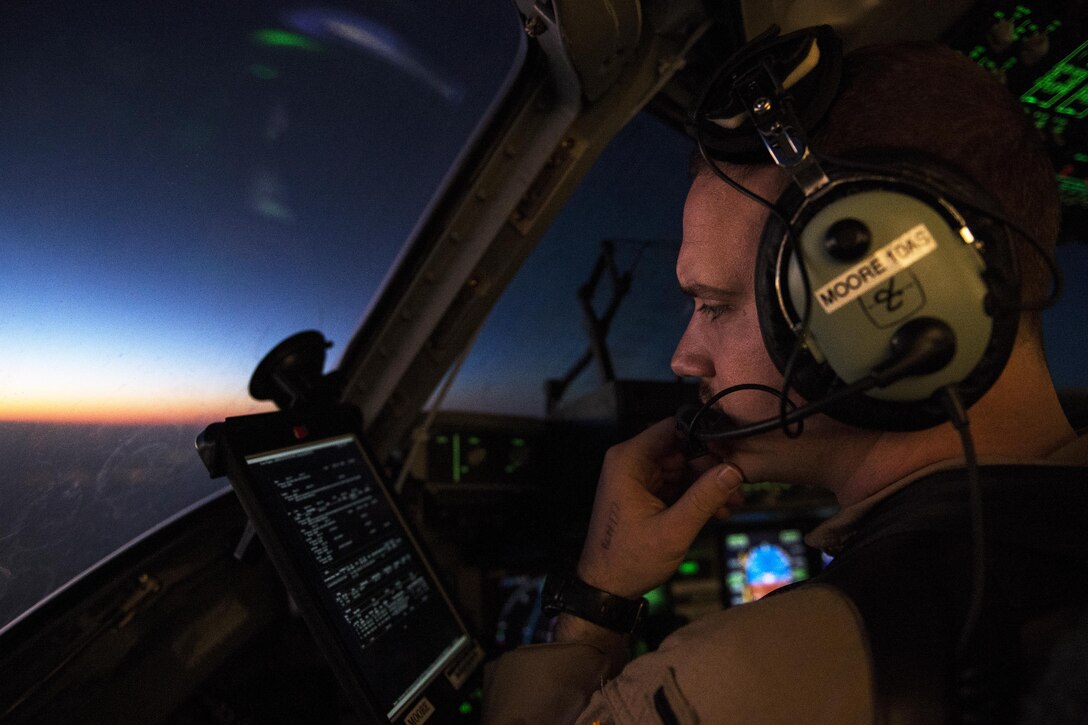 U.S. Air Force 1st Lt. Joshua Moore flies a C-17 Globemaster III to Incirlik Air Base, Turkey, Dec. 22, 2015. Moore, a pilot with the 816th Expeditionary Airlift Squadron, is supporting Operation Inherent Resolve, the coalition intervention against the Islamic State of Iraq and the Levant. U.S. Air Force photo by Tech. Sgt. Nathan Lipscomb