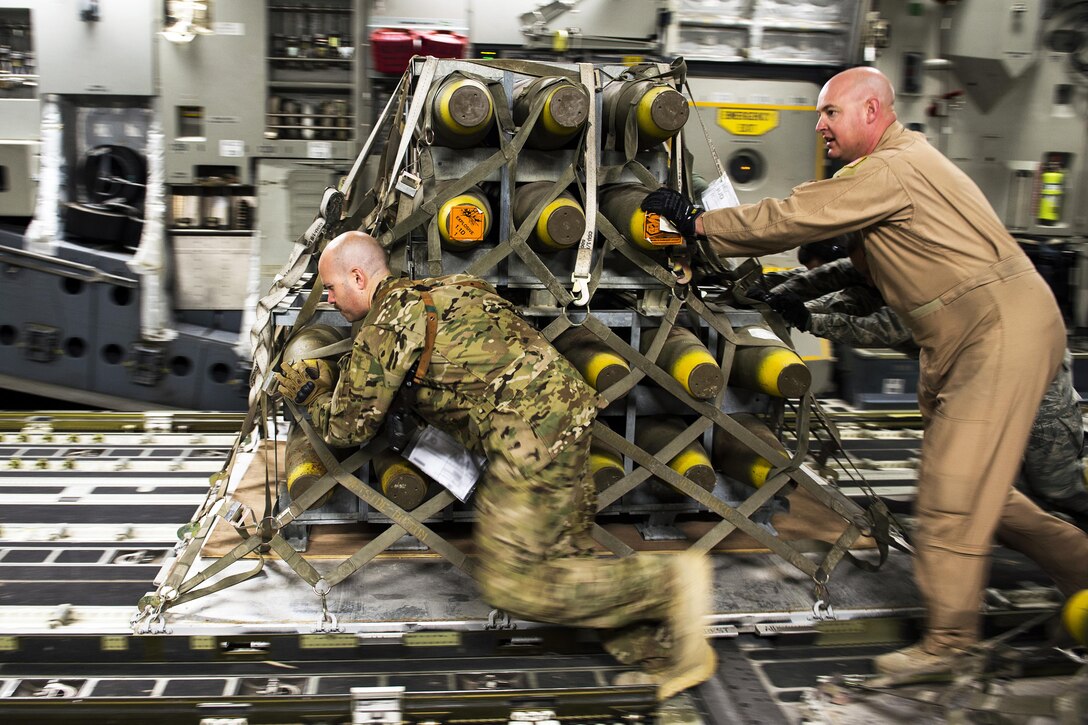 U.S. airmen deliver cargo to Incirlik Air Base, Turkey, in support of Operation Inherent Resolve, Dec. 22, 2015. Inherent Resolve is the coalition intervention against the Islamic State of Iraq and the Levant. U.S. Air Force photo by Tech. Sgt. Nathan Lipscomb