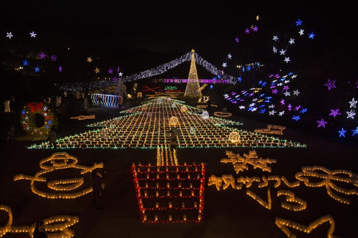 Station residents from Marine Corps Air Station Iwakuni, Japan, visited the Hiroshima Botanical Garden in Hiroshima City for a Christmas lighting event Dec. 23, 2015. After lights illuminated the garden, visitors walked on an elevated platform to view the grand Christmas tree display formed below.