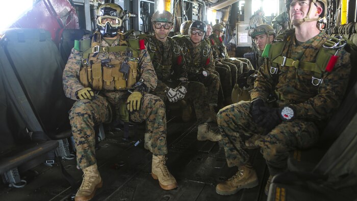 Marines with the 1st Expeditionary Operations Training wait to reach the proper altitude before a free fall jump at 10,000 feet above Drop Zone Basilone, Marine Corps Base Camp Pendleton, California, Dec.21. Marine Heavy Helicopter Squadron 462 supported the 1st EOTG in their parachute-operations training. This training is intended to improve the Marines’ skill for future uses of this knowledge, such as a deployment situation. Units like the 1st EOTG deploy often and this training allows the Marines to be ready to deploy at a moment’s notice.