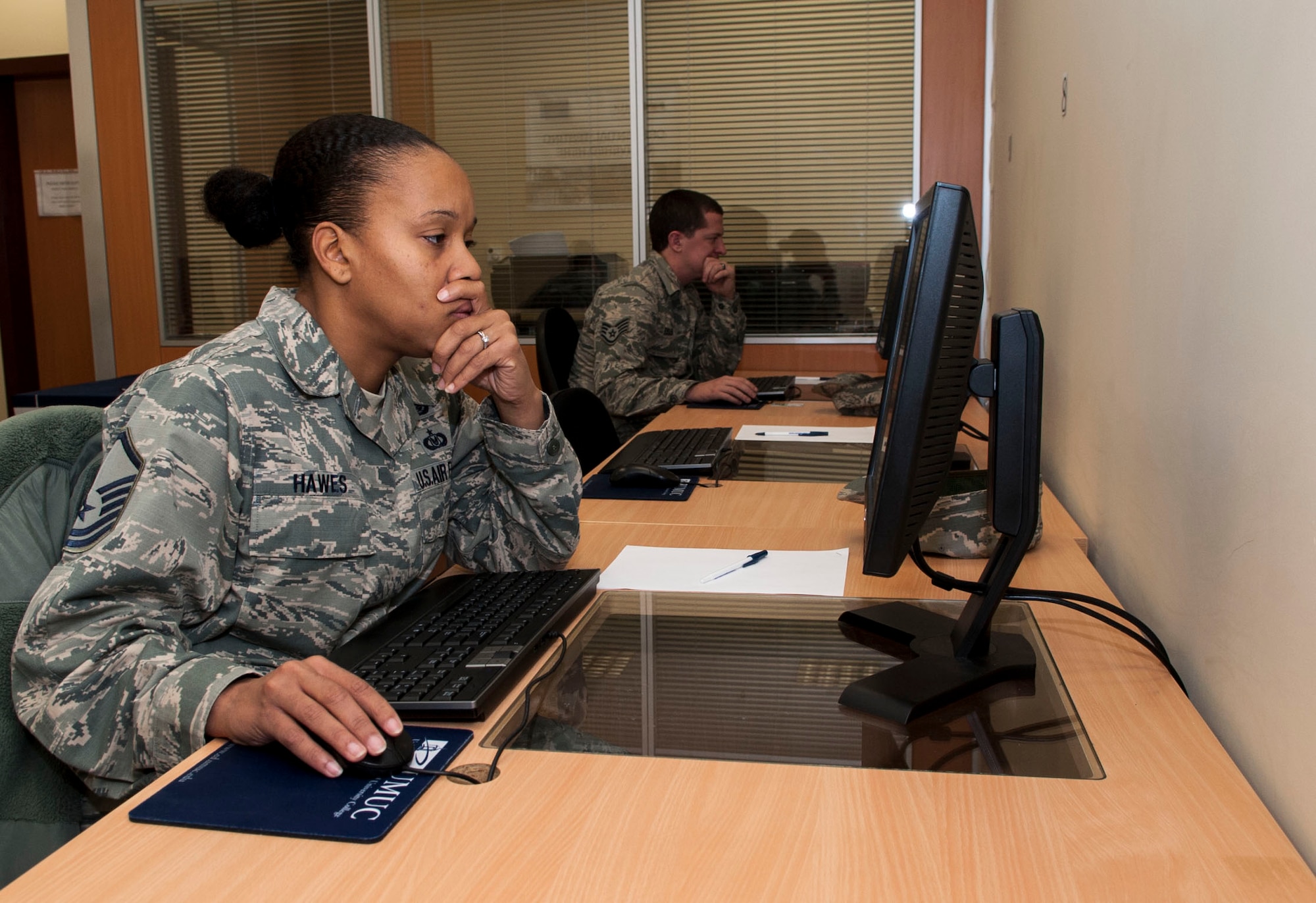 Master Sgt. Toiseng Hawes, 39th Air Base Wing equal opportunity director takes a College Level examination program standardized tests at the Education Center  during the two week long CLEP-A-Thon, Dec. 7, 2015, at Incirlik Air Base, Turkey. The Education Center’s CLEP-A-Thon offered DoD card holders the opportunity to participate in a first come first served style college level examination program and DANTES subject standardized tests as opposed to scheduling the tests. (U.S. Air Force photo by Staff Sgt. Jack Sanders/Released)