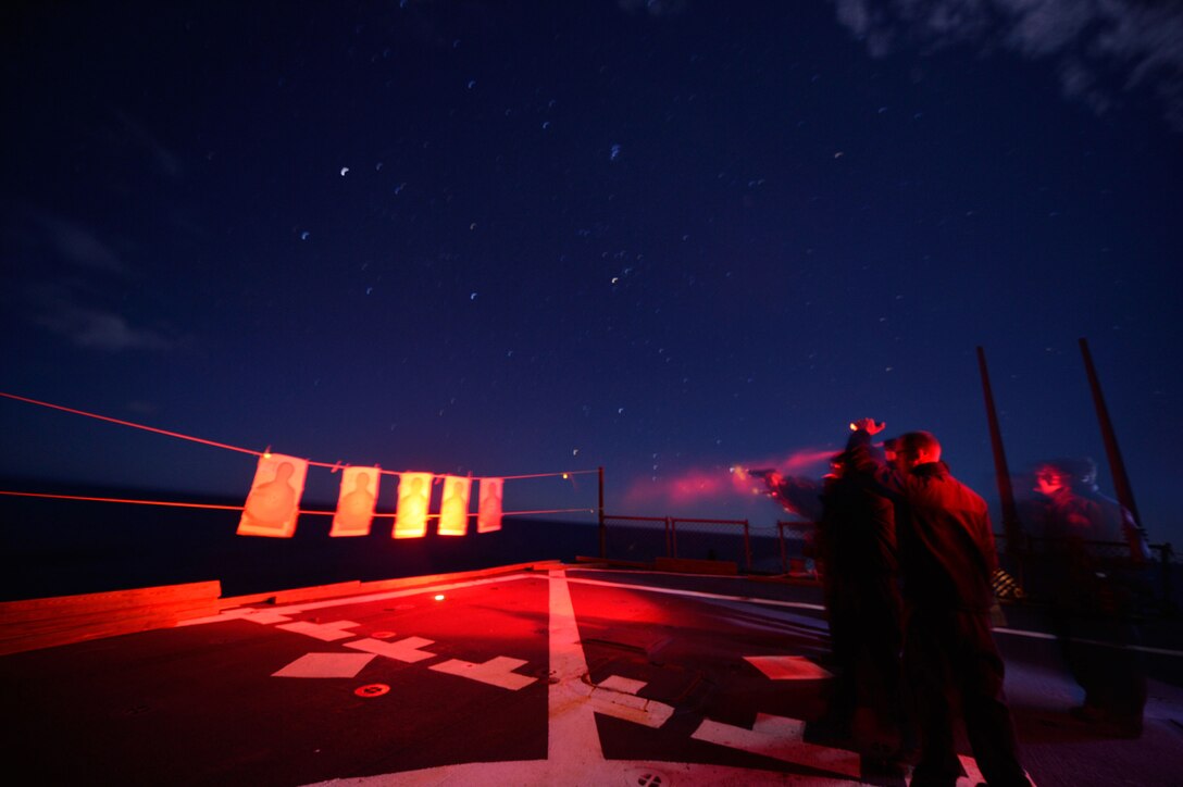 U.S. sailors conduct low-light training aboard the USS Ross in the Mediterranean Sea, Dec. 19, 2015. U.S. Navy photo by Petty Officer 2nd Class Justin Stumberg