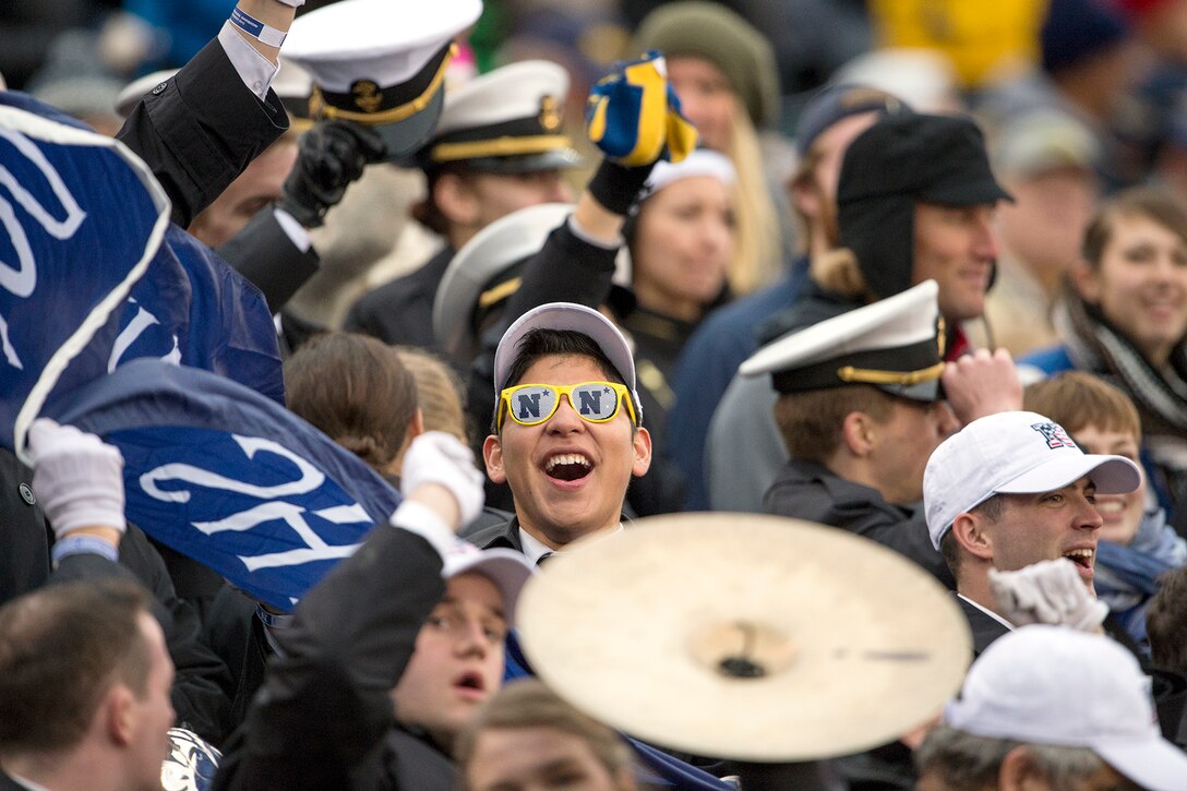 Midshipmen cheer while Navy leads Pittsburgh at halftime 21-7 during the 2015 Military Bowl at Navy-Marine Corps Memorial Stadium in Annapolis, Md., Dec. 28, 2015. DoD News photo by EJ Hersom