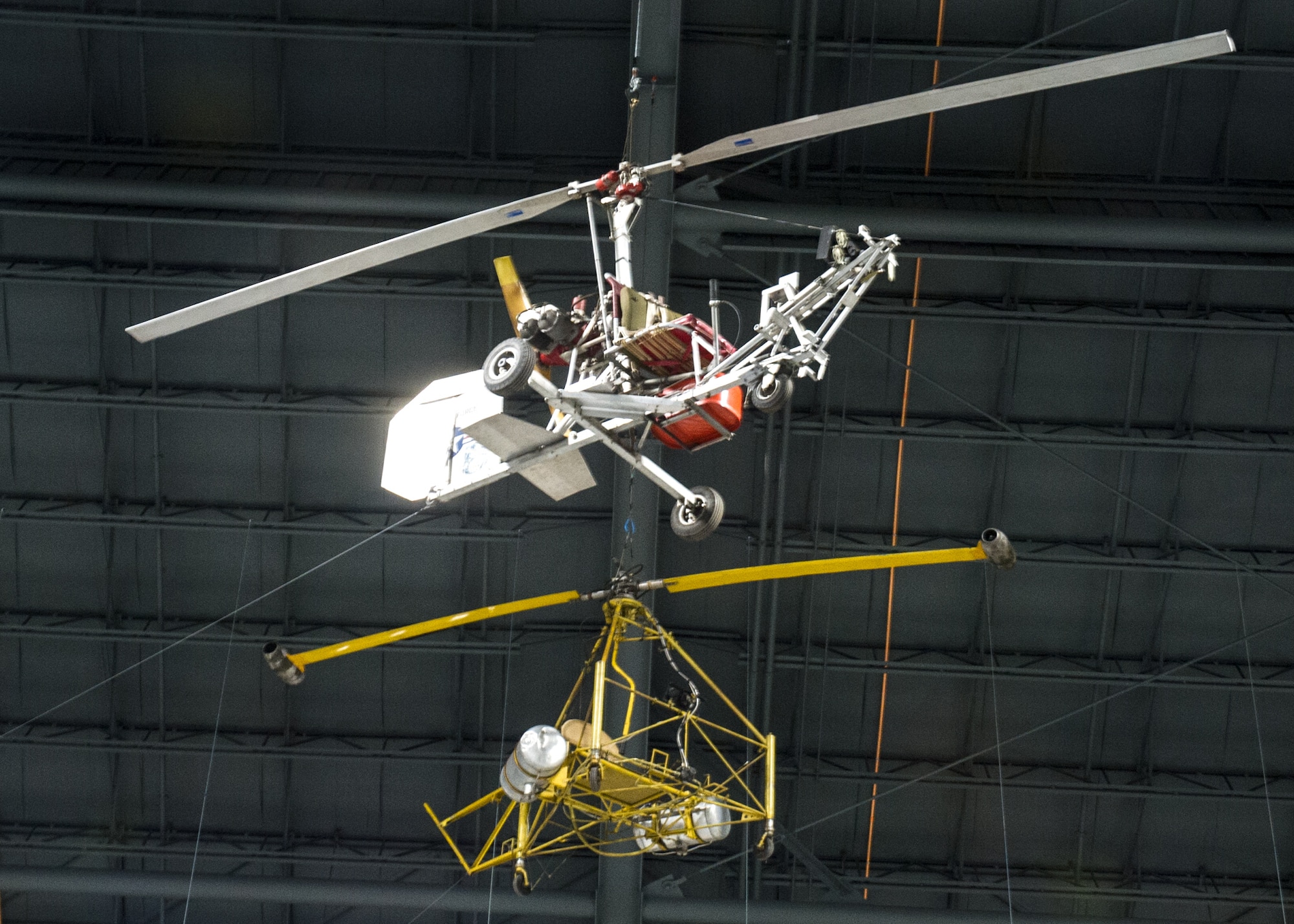 Bensen X-25A Gyrocopter(front) and McDonnell XH-20 Little Henry(rear) in the Research & Development Gallery at the National Museum of the U.S. Air Force on December 28, 2015. (U.S. Air Force photo)