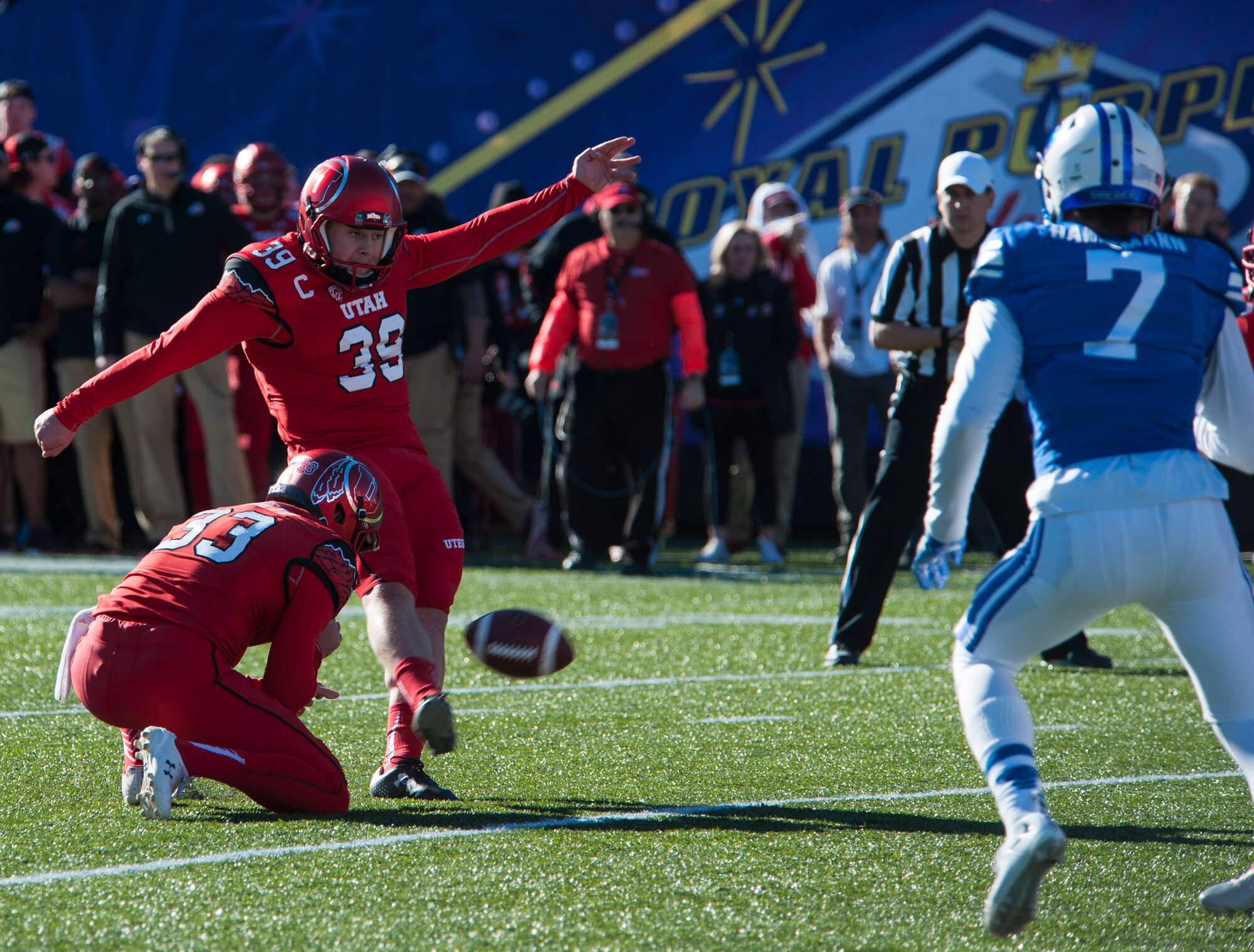 Utah kicker Andy Phillips attempts a field goal during the Royal Purple Las Vegas Bowl at Sam Boyd Stadium in Las Vegas, Dec. 19, 2015. The Utah Utes defeated the Brigham Young University Cougars 35-28. (U.S. Air Force photo by Senior Airman Thomas Spangler)