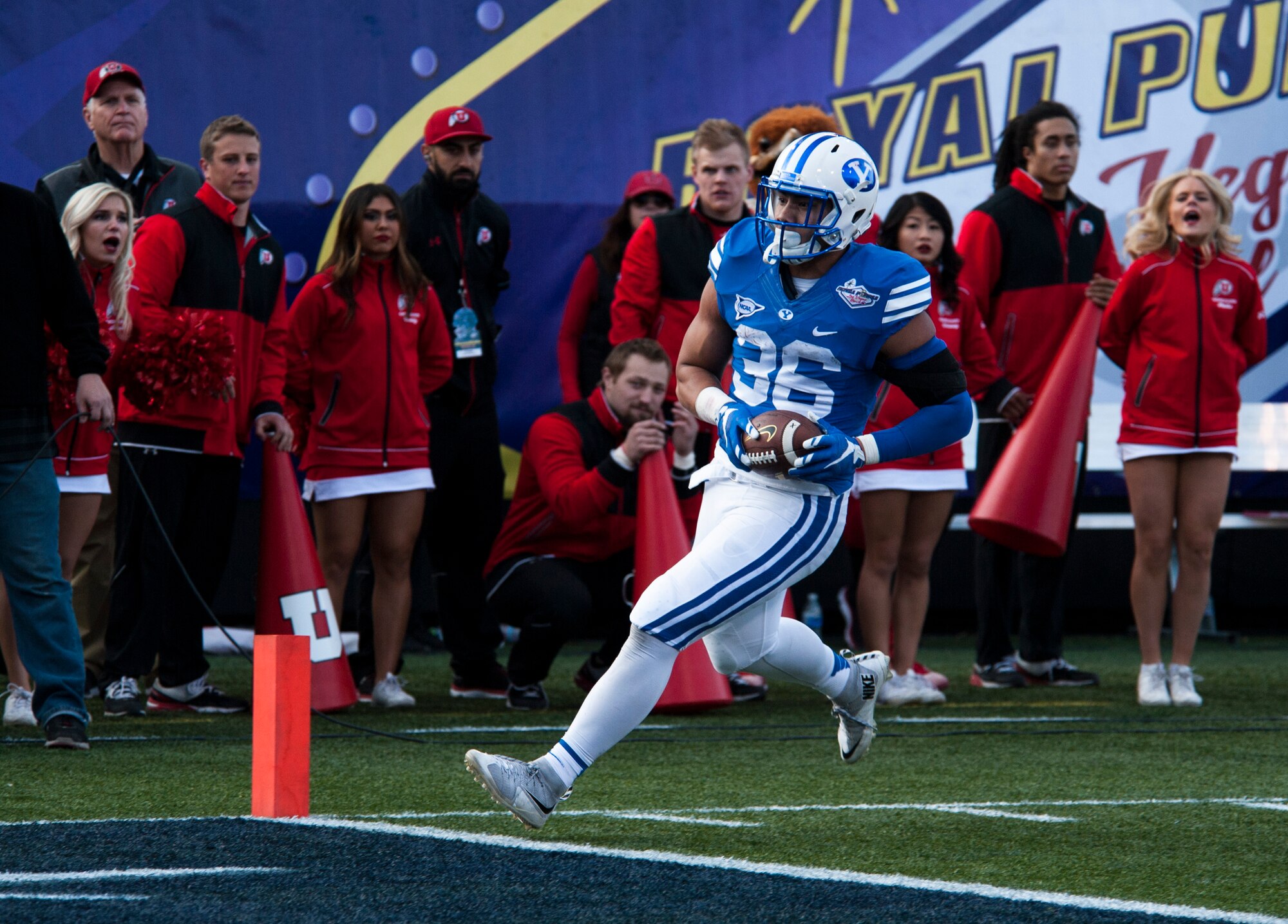 Brigham Young University running back Francis Bernard scores a touchdown during the Royal Purple Las Vegas Bowl at Sam Boyd Stadium in Las Vegas, Dec. 19, 2015. The BYU Cougars were playing the Utah Utes. (U.S. Air Force photo by Senior Airman Thomas Spangler)