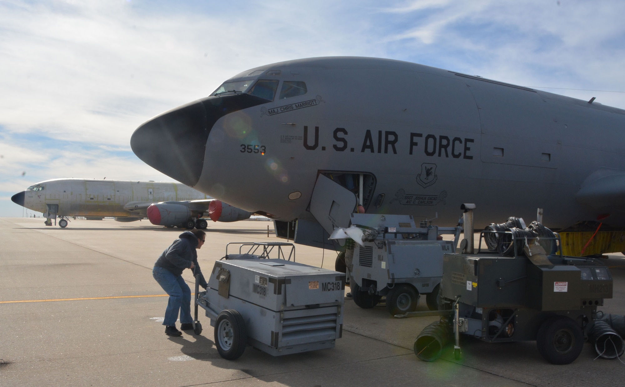 Members of the 564th Aircraft Maintenance Squadron prepare a KC-135R Stratotanker to be retrofitted with the new KC-135 Block 45 upgrade.  KC-135s operated by Air Force Reserve Commands 507th Air Refueling Wing at Tinker Air Force Base, Okla. will begin upgrade February 2016. (Air Force Photo/Maj. Jon Quinlan)    