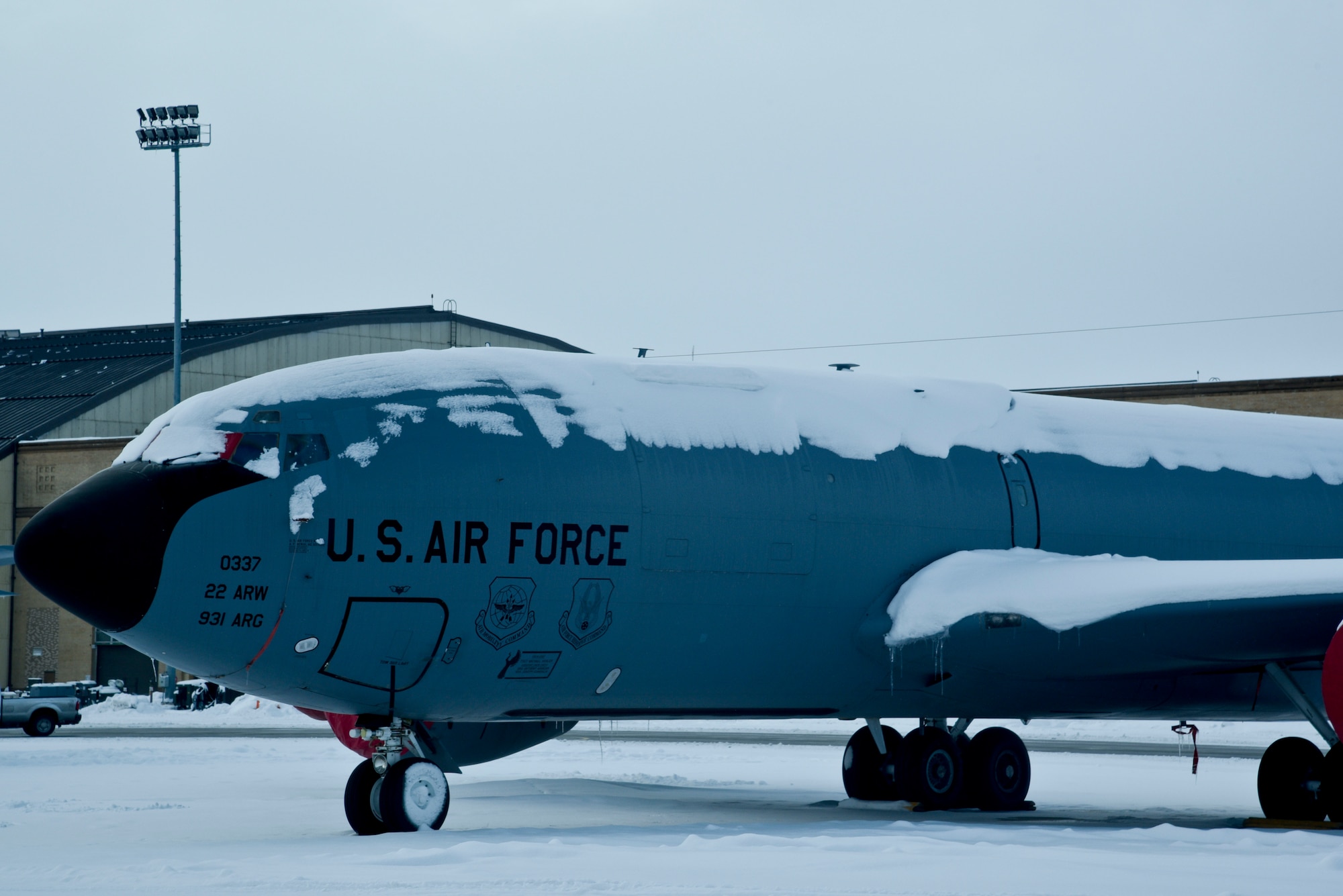 Snow covers a KC-135 Stratotanker parked on the flightline at Fairchild Air Force Base, Wash. So far there’s been about 21 inches of snow, the most recorded in December since 2008, when 61.5 inches of snow fell in Spokane. (U.S. Air Force photo/Airman 1st Class Taylor Bourgeous)