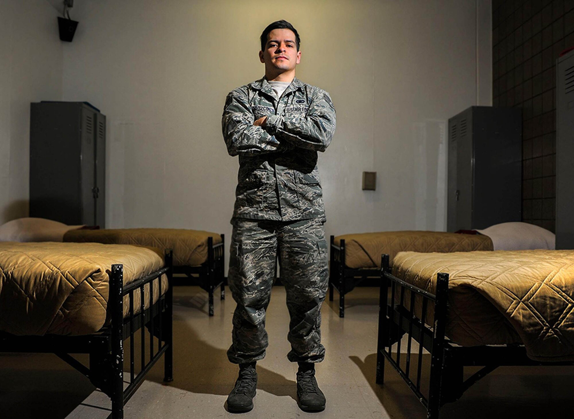 Staff Sgt. Jesus Orozco, 5th Security Forces Squadron NCO in charge of confinement, poses for a photograph on Minot Air Force Base, N.D., March 26, 2015. Orozco is in charge of all confinement inmates housed on base and ensures that their needs are met while rehabilitation and due process are carried out. (U.S. Air Force photo/Senior Airman Stephanie Morris)