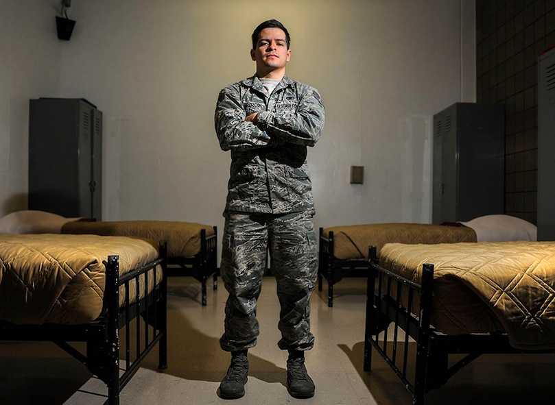 Staff Sgt. Jesus Orozco, 5th Security Forces Squadron NCO in charge of confinement, poses for a photograph on Minot Air Force Base, N.D., March 26, 2015. Orozco is in charge of all confinement inmates housed on base and ensures that their needs are met while rehabilitation and due process are carried out. (U.S. Air Force photo/Senior Airman Stephanie Morris)