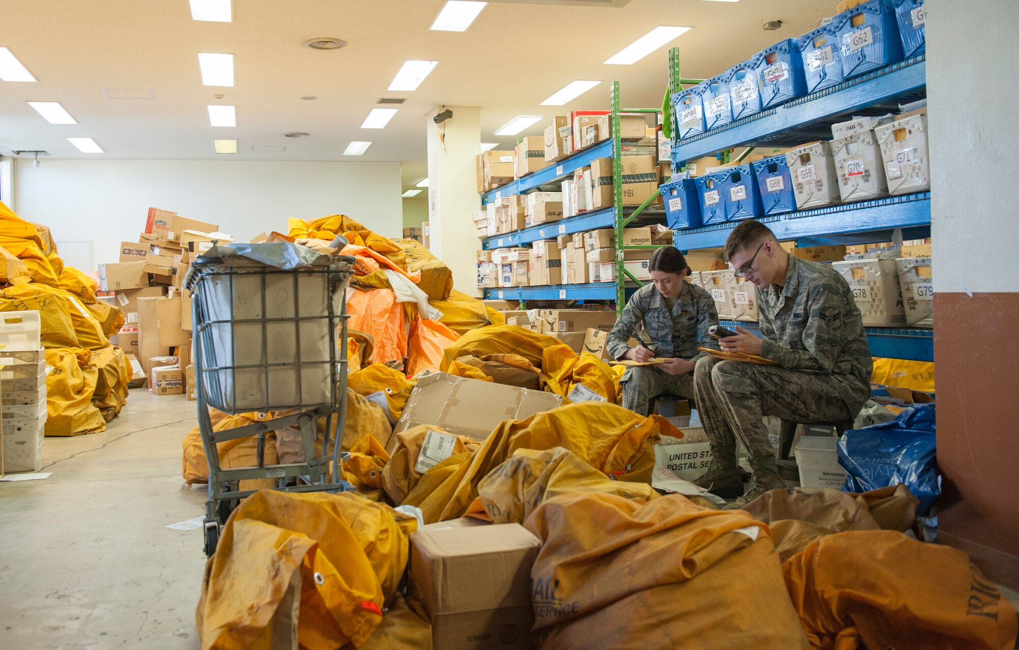 U.S. Air Force Senior Airman Niccole Jacobs, 18th Communications Squadron postal clerk, and Airman 1st Class Matthew Penrose, 18th Communications Squadron postal clerk, sort packages in the post office, Dec. 30, 2015, at Kadena Air Base, Japan. Postal employees are working 12 hour shifts during the holiday season sorting mail, loading and unloading trucks and giving parcels to customers. (U.S. Air Force photo by Airman Zackary A. Henry)