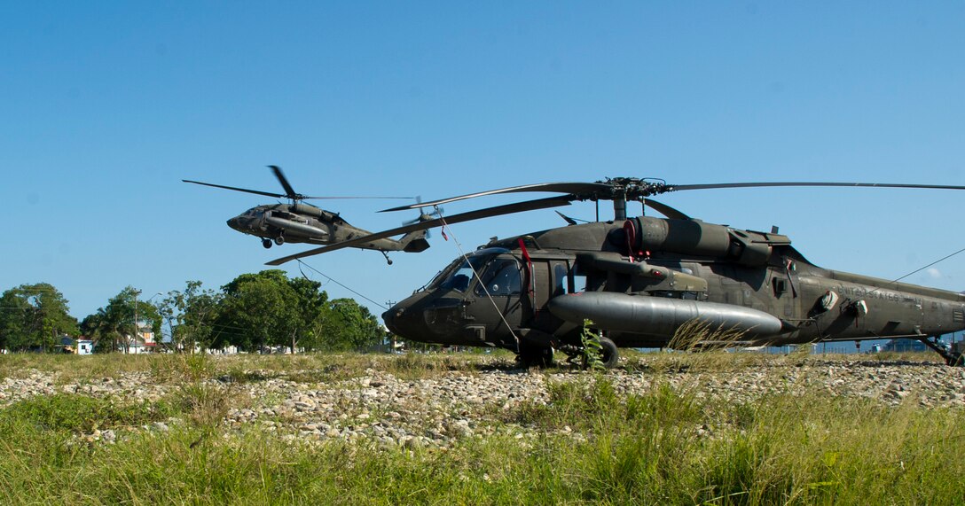 A U.S. Army UH-60 Blackhawk completes its final leg of the first day of a two-day troop movement Dec. 16, 2015 in the Gracias a Dios Department (state) of Honduras. The troop movement is the result of a cooperative effort between the U.S. and Honduras to disrupting the trafficking of illicit materials through the region. (U.S. Air Force photo by Capt. Christopher Mesnard/Released)
