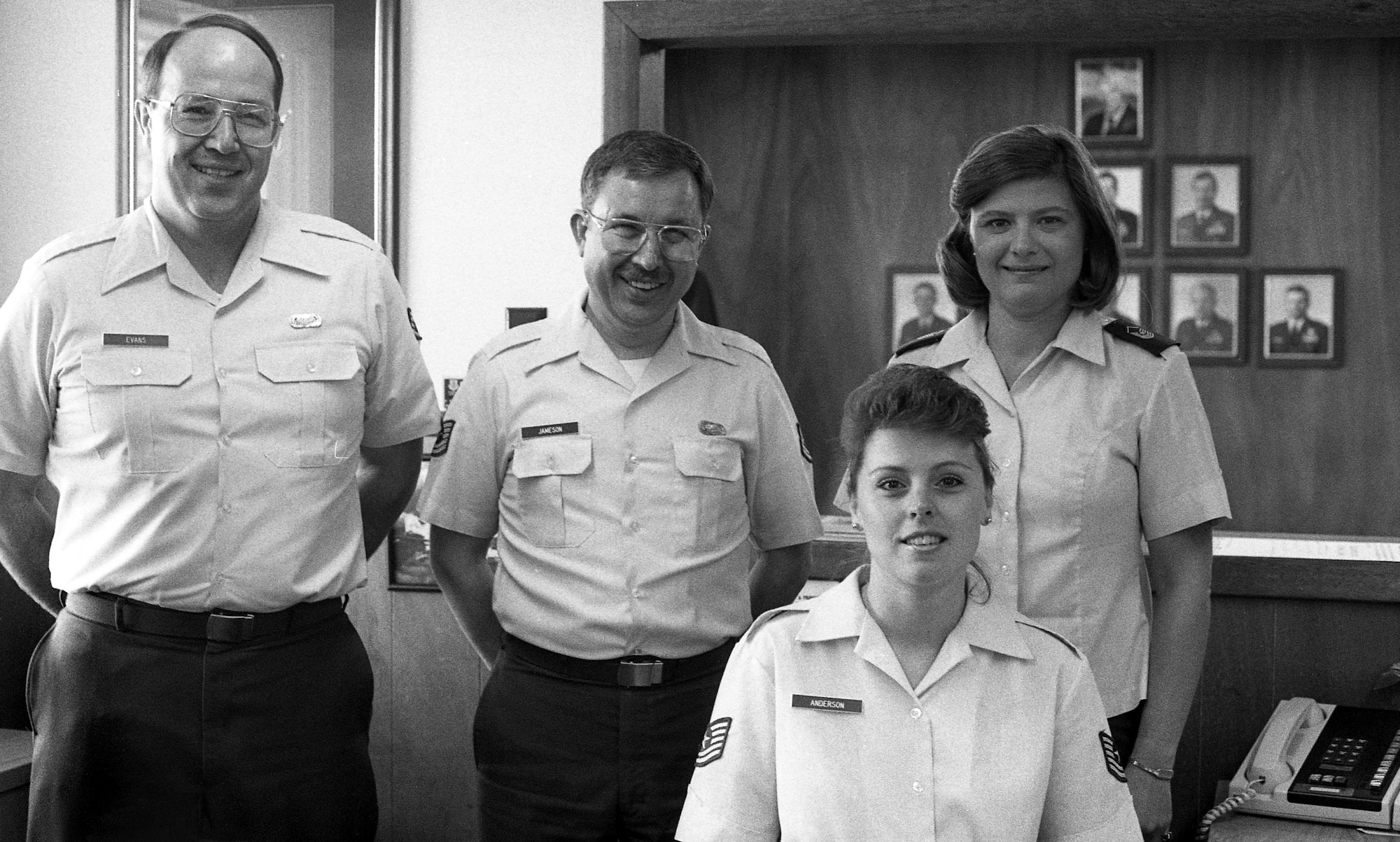Mike Evans, Jack Jameson and Charlotte Brown gather for a photo with Tech. Sgt. Jean (Allen) Anderson, at the Portland Air National Guard Base, Ore., in 1990. Allen retired after more than 32 years of service on Dec. 22, 2015. (Air Nation Guard photo courtesy of the 142nd Fighter Wing History Office)