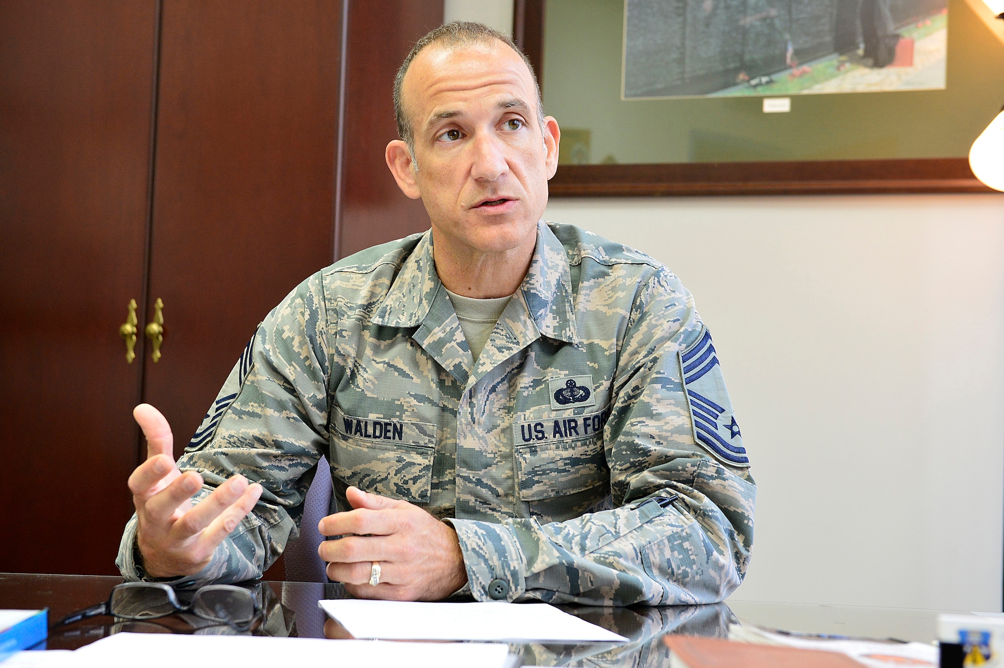 MCGHEE TYSON AIR NATIONAL GUARD BASE, Tenn. - Chief Master Sgt. Edward L. Walden, commandant of the Paul H. Lankford Enlisted Professional Military Education Center, answers questions here Dec. 9 during an interview at his office in Patriot Hall. Walden spoke about Lankford Center's accomplishments in 2015 and offered his goals and predictions for the coming year. (U.S. Air National Guard photo by Master Sgt. Jerry D. Harlan/Released)