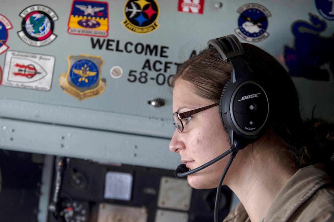 U.S. Air Force Senior Airman Rebekah McCormack prepares to fly on a KC-135 Stratotanker in support of Operation Inherent Resolve from Al Udeid Air Base, Qatar, Dec. 22, 2015. McCormack is a boom operator assigned to the 340th Expeditionary Air Refueling Squadron, deployed out of the 351st Air Refueling Squadron in RAF Mildenhall, England. U.S. Air Force photo by Staff Sgt. Corey Hook