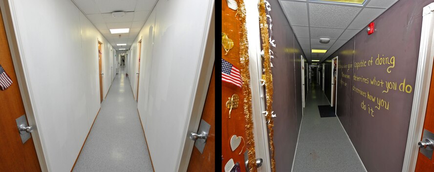Airmen from the 380th Air Expeditionary Security Forces Squadron completed a month-long dorm renovation project at an undisclosed location in Southwest Asia, Dec. 21, 2015. Following a suggestion to improve it, the Airmen discussed various changes to make to their dorm, which included the colors to paint the hallways, ideas for motivational quotes to place on the walls and decorating it with a giant tree with pictures of the various residents to give it a more home-like feeling. The Airmen plan to carry out more renovation ideas in the future to further improve their residence. (U.S. Air Force photo illustration by Staff Sgt. Kentavist P. Brackin/released)