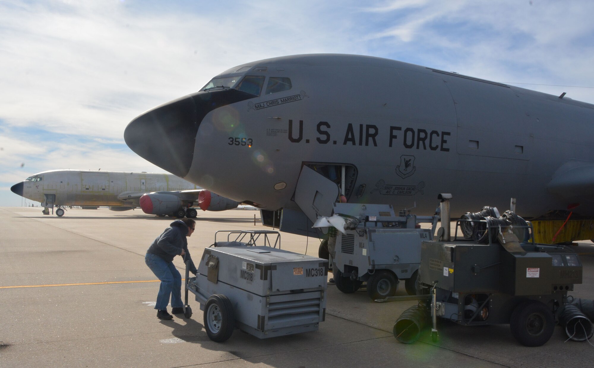 Members of the 564th Aircraft Maintenance Squadron prepare a KC-135R Stratotanker to be retrofitted with the new KC-135 Block 45 upgrade. KC-135s operated by Air Force Reserve Commands 507th Air Refueling Wing at Tinker Air Force Base, Okla. will begin upgrade February 2016. (Air Force Photo/Maj. Jon Quinlan) 