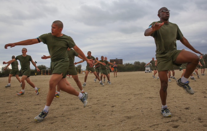 Recruits of India Company, 3rd Recruit Training Battalion, conduct agility and speed drills during a physical training event at Marine Corps Recruit Depot San Diego, Dec. 28. Each set of exercises enabled recruits to build their stamina in preparation for their initial physical fitness test during week four of training. Annually, more than 17,000 males recruited from the Western Recruiting Region are trained at MCRD San Diego.