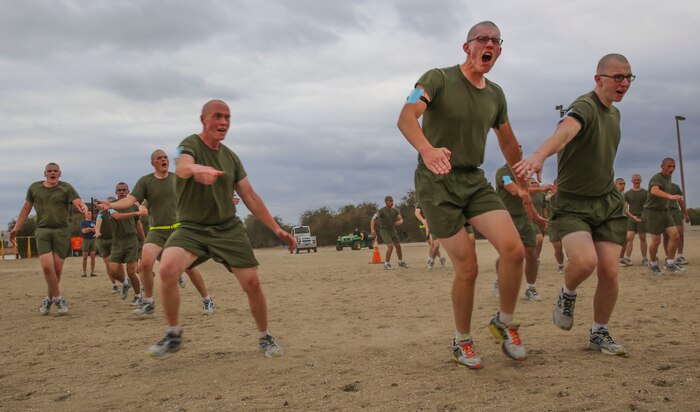 Recruits of India Company, 3rd Recruit Training Battalion, conduct agility and speed drills during a physical training event at Marine Corps Recruit Depot San Diego, Dec. 28. Recruits were instructed to conduct a loud war cry while sprinting from start to finish. Annually, more than 17,000 males recruited from the Western Recruiting Region are trained at MCRD San Diego.