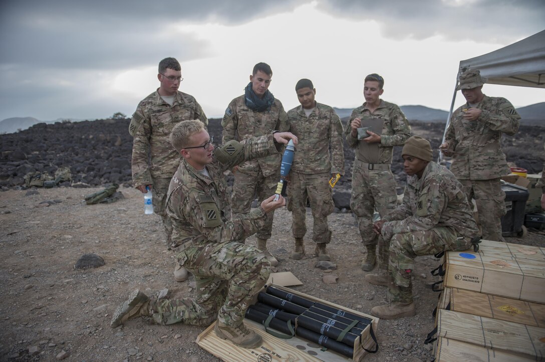 A U.S. soldier, foreground, teaches other soldiers how to operate an M224 mortar system during a live-fire exercise near Camp Lemonnier, Djibouti, Dec. 16, 2015. The soldiers are mortarmen and light infantrymen assigned to East African Response Force, Combined Joint Task Force Horn of Africa. U.S. Air Force photo by Senior Airman Cory D. Payne