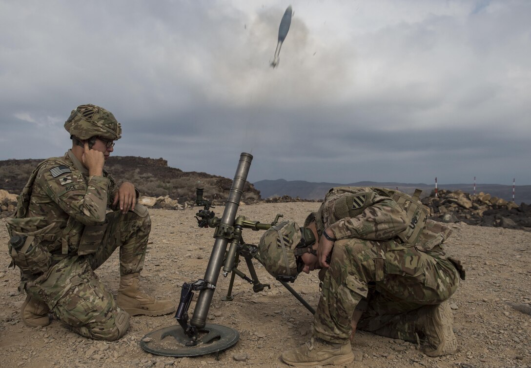 U.S. soldiers fire an M224 mortar system during a live-fire exercise near Camp Lemonnier, Djibouti, Dec. 16, 2015. U.S. Air Force photo by Senior Airman Cory D. Payne