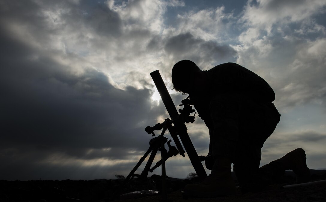 A U.S. soldier sets the coordinates on a M224 mortar system before participating in a live-fire exercise near Camp Lemonnier, Djibouti, Dec. 16, 2015. U.S. Air Force photo by Senior Airman Cory D. Payne