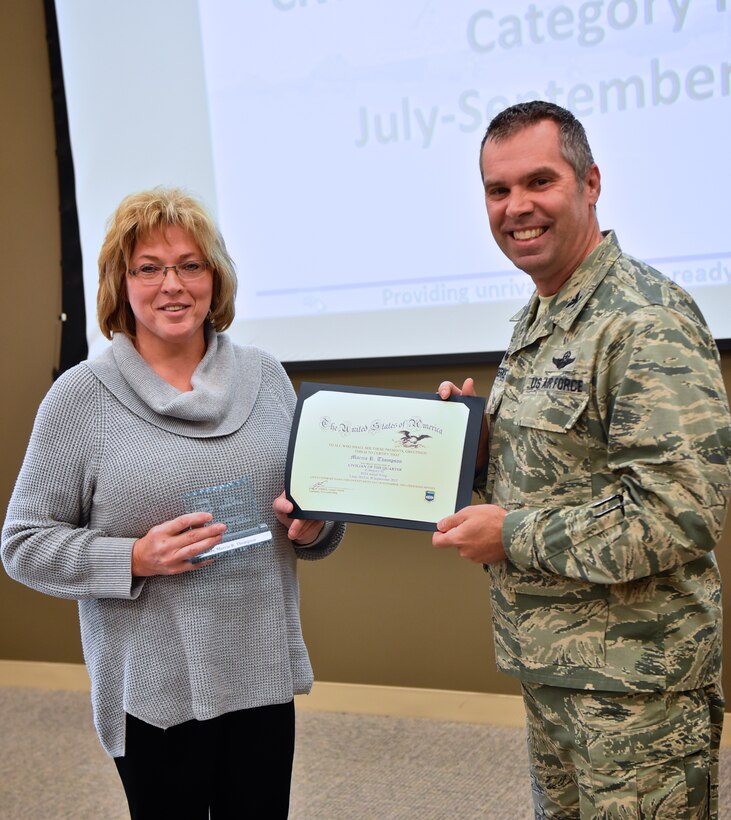 Congratulations to the 932nd Airlift Wing Civilian of the Third Quarter, awarded to Marcia Thompson from the finance office, in Category II, presented recently at the Air Force Reserve Command unit located at Scott Air Force Base near Belleville, Illinois. (U.S. Air Force photo by Christopher Parr)