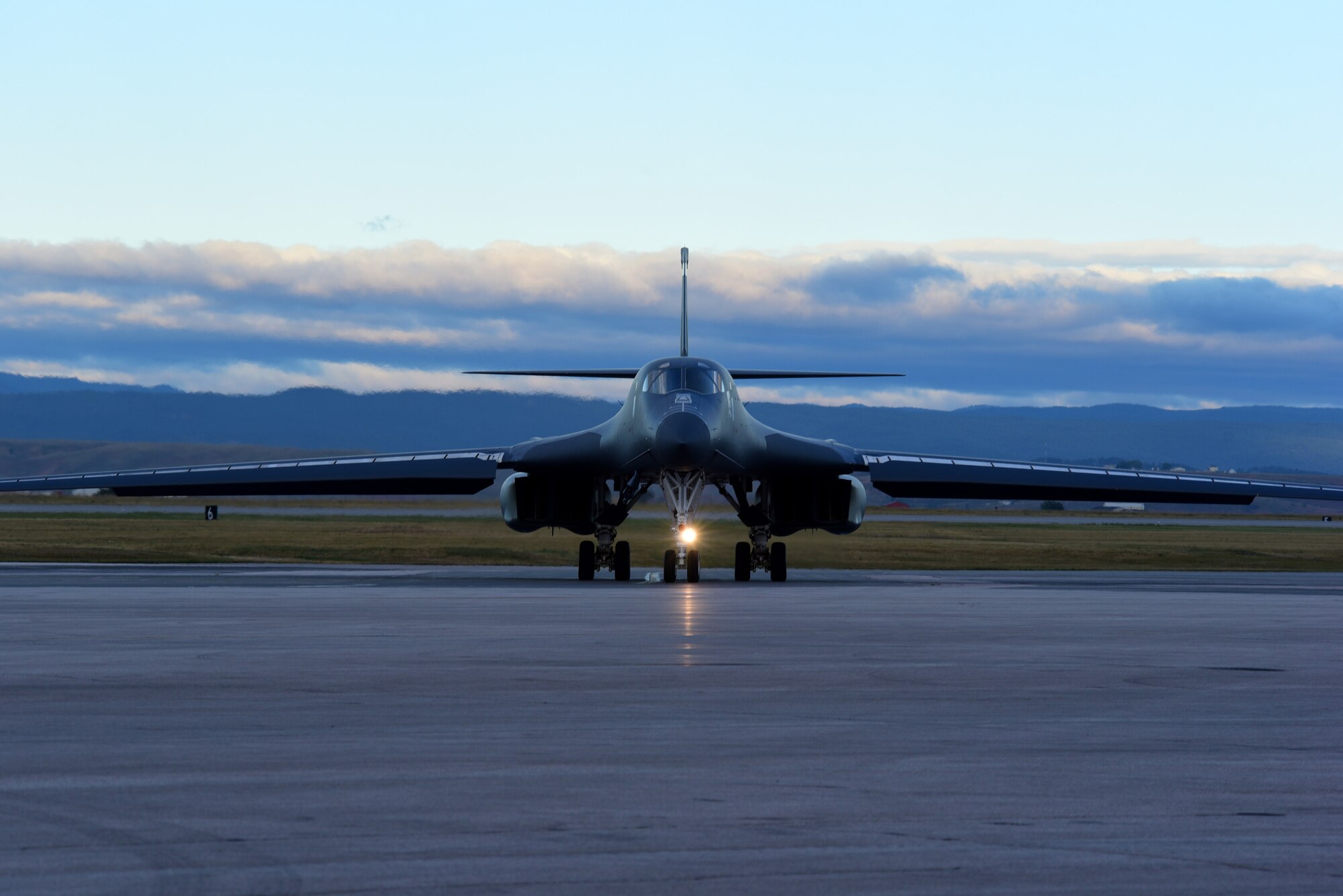 A B-1 bomber prepares for takeoff at Ellsworth Air Force Base, S.D., Sept. 18, 2015. Ellsworth aircraft began conducting training missions in the Powder River Training Complex, allowing for an 85 percent increase in local flight training, ensuring more efficient use of our resources. (U.S. Air Force photo by Airman 1st Class James L. Miller/Released)