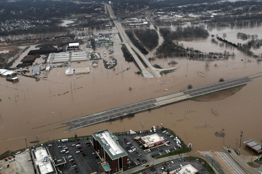 An aerial view from a Missouri National Guard UH-60 Black Hawk helicopter shows the effects of flooding in Valley Park, Mo., Dec. 30, 2015. Missouri National Guard photo