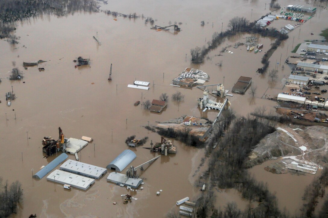 An aerial view from a Missouri National Guard UH-60 Black Hawk helicopter shows the effects of flooding in Pacific, Mo., Dec. 30, 2015. Missouri National Guard photo